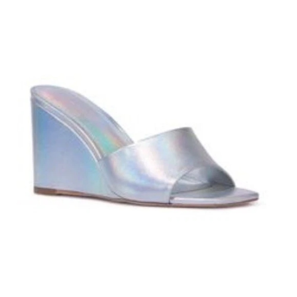 Black Suede Studio “Paola” Wedge Sandals – Iridescent Leather Size 8